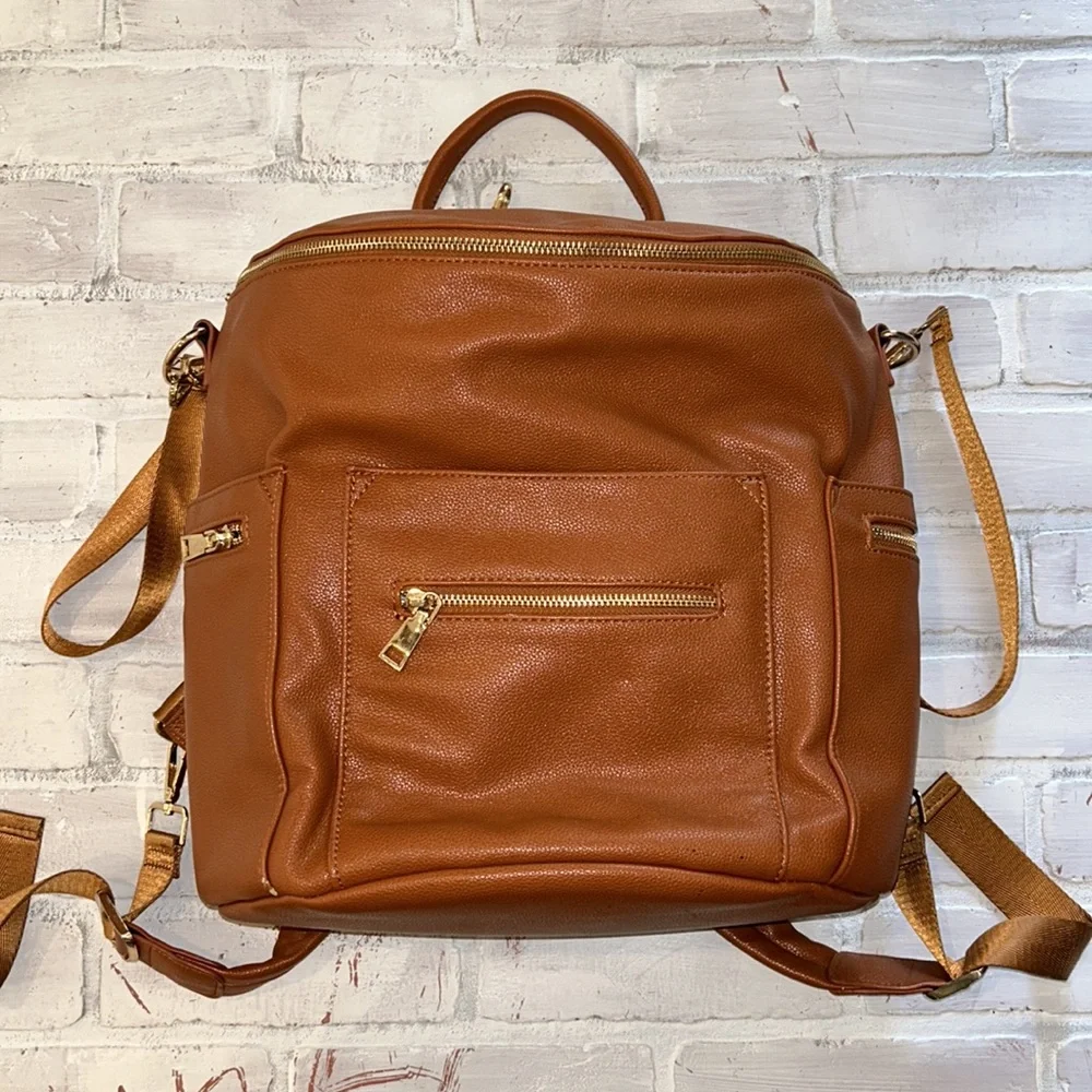Faux leather brown cognac tan large backpack diaper bag